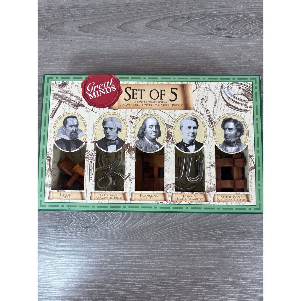 Great Minds Set of 5 Puzzle Compendium Wooden and Metal Brain Teasers Professor
